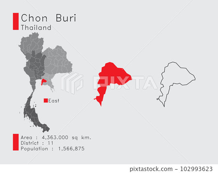 Chon Buri in Thailand A Set of Infographic Elements for the Province. and Area District Population and Outline. Vector with Gray Background. Chon Buri in Thailand A Set of Infographic Elements for the Province. and Area District Population and Outline. Vector with Gray Background. 102993623