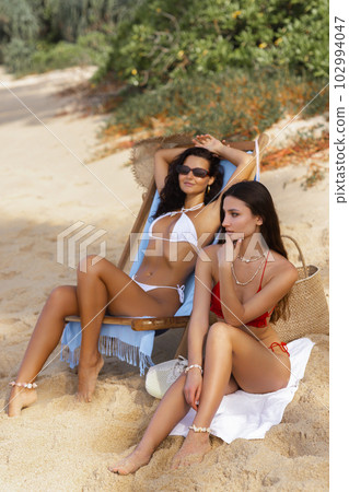 Two Amazing Tanned Sexy Girls in Bikinis, on the Beach 102994047