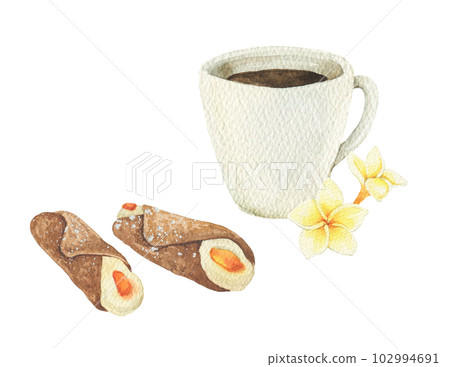 Coffee and cannoli watercolor illustration. Isolated on white 102994691