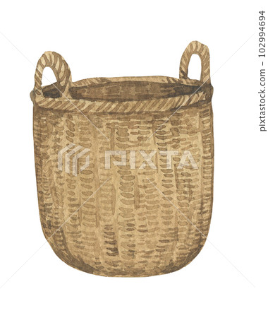 Rustic strawbasket with handles watercolor illustrations. Isolated on white Rustic strawbasket with handles watercolor illustrations. Isolated on white 102994694