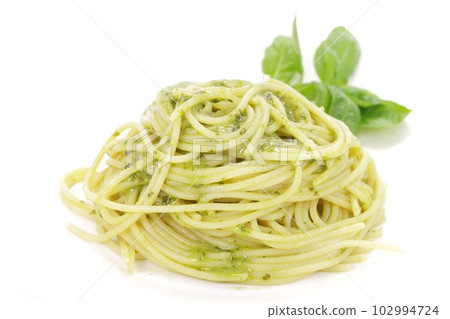 Genovese pasta basil sauce spaghetti bright background Genovese pasta basil sauce spaghetti bright background 102994724