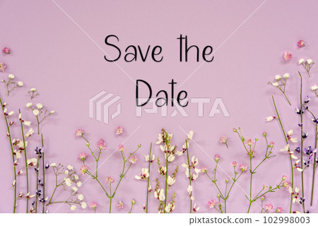 Purple Spring Flower Arrangement, English Text Save The Date 102998003