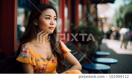 Smiling young asian woman sitting on a bench in front of as European-style cafe - generative AI, AI generated Smiling young asian woman sitting on a bench in front of as European-style cafe - generative AI, AI generated 102999112