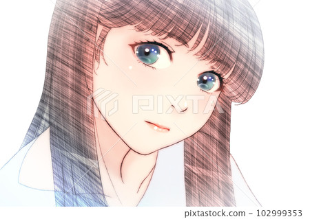 一個輕鬆嚴肅的女孩的線條畫彩色插圖無背景淺口紅水平反轉版本 102999353