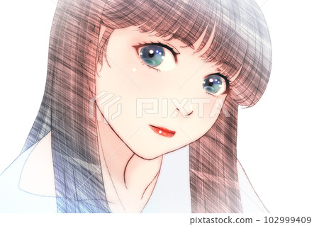 一個看起來輕鬆嚴肅的女孩的線條畫彩色插圖沒有背景水平反轉版本 102999409