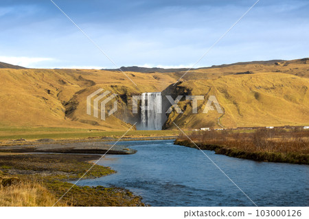 Landscape with river and waterfall Kvernufoss, Iceland 103000126