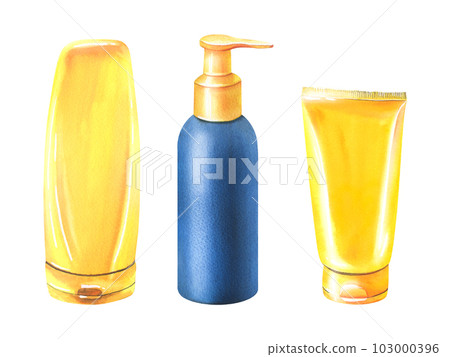 Tubes for sunscreen, yellow, blue. Watercolor illustration. Isolated objects on white background from BEACH HOLIDAY collection. For design of summer any cosmetics, advertising, presentation. 103000396