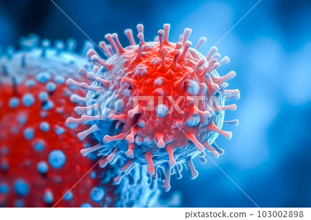 A close-up view of a coronavirus particle with its spherical shape and crown-like spikes. Generative Ai 103002898