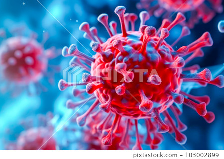 An electron microscope image of a virus, possibly coronavirus, with its characteristic spikes and circular shape. Generative Ai An electron microscope image of a virus, possibly coronavirus, with its characteristic spikes and circular shape. Generative Ai 103002899