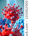 Under the microscope, a virus with a circular shape and a prominent center. Generative Ai 103002900