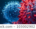 A detailed image of a blue virus swimming in the blood cells. Generative Ai 103002902