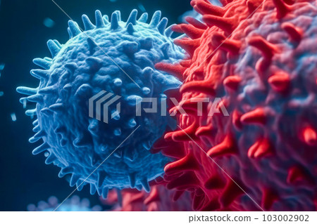 A detailed image of a blue virus swimming in the blood cells. Generative Ai 103002902