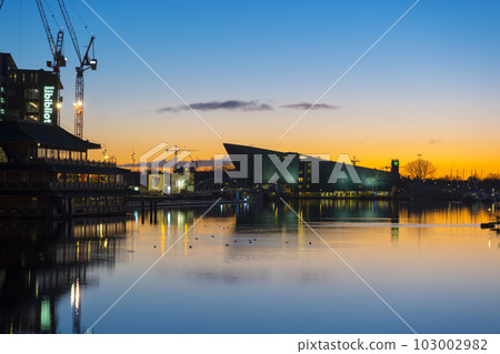 Amsterdam, Netherlands - Nov 30, 2019 : Beautiful sunrise view of NEMO Science Museum in Amsterdam, Netherlands on Nov 30, 2019. 103002982