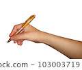 Photo of a finger holding a ballpoint pen 103003719