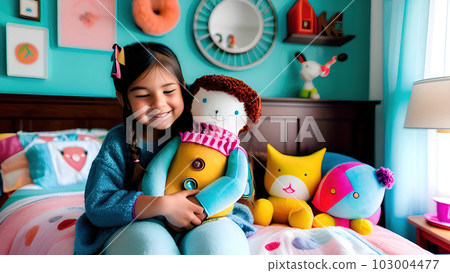 cute little girl hugging doll and smiling. Generative Ai 103004477