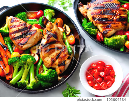 Grilled chicken fillets with vegetables on a plate. Selective focus. Generative AI 103004584