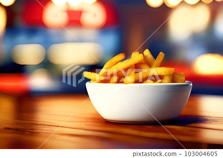 French fries with ketchup on a wooden table. Generative Ai 103004605