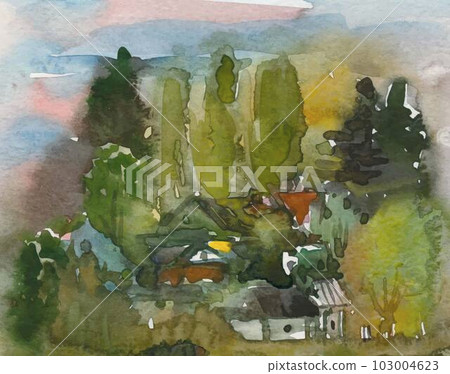 Watercolor landscape of the countryside, cozy houses on the background of nature, sunset or dawn Watercolor landscape of the countryside, cozy houses on the background of nature, sunset or dawn 103004623