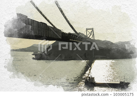 從山口縣下關市壇之浦停車場眺望關門大橋和東新丸的水彩畫 從山口縣下關市壇之浦停車場眺望關門大橋和東新丸的水彩畫 103005175