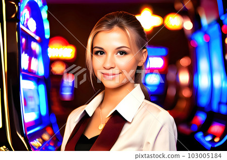 Portrait of a smiling young woman playing slot machine at casino. Generative AI. Portrait of a smiling young woman playing slot machine at casino. Generative AI. 103005184