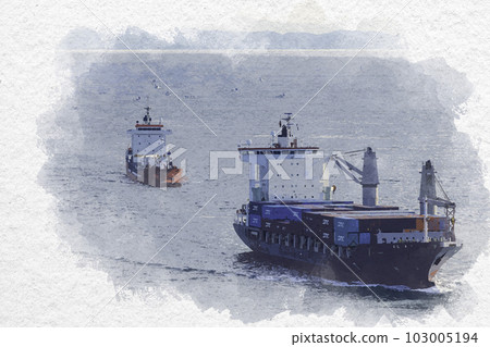 Watercolor-like view of tankers crossing the Kanmon Bridge from the Dannoura parking area, Shimonoseki City, Yamaguchi Prefecture Watercolor-like view of tankers crossing the Kanmon Bridge from the Dannoura parking area, Shimonoseki City, Yamaguchi Prefecture 103005194