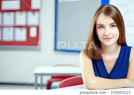 beautiful young woman student in classroom. Generative Ai. 103005221
