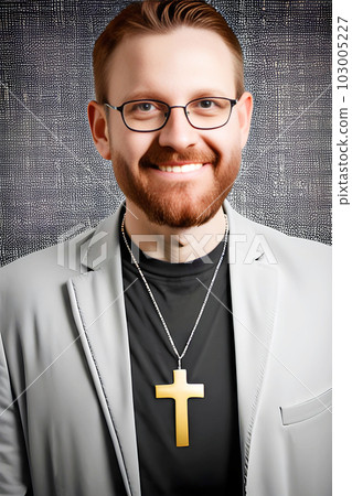 Portrait of a handsome young catholic priest with a golden cross. generative ai. Portrait of a handsome young catholic priest with a golden cross. generative ai. 103005227