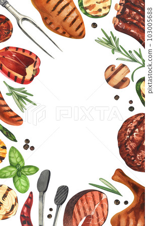Watercolor frame barbecue. Elements for cooking bbq - grill, chicken and meat. Hand-drawn illustration isolated on white background. Perfect concept food menu, food drawing, design packing, barbecue 103005688