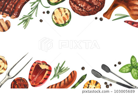 Watercolor frame barbecue. Elements for cooking bbq - grill, chicken and meat. Hand-drawn illustration isolated on white background. Perfect concept food menu, food drawing, design packing, barbecue 103005689