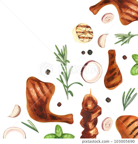 Watercolor frame, bbq grilled chicken steak, kebab, fille and rosemary twig. Hand-drawn illustration isolated on white background. Perfect concept food menu, food drawing, design packing, barbecue 103005690