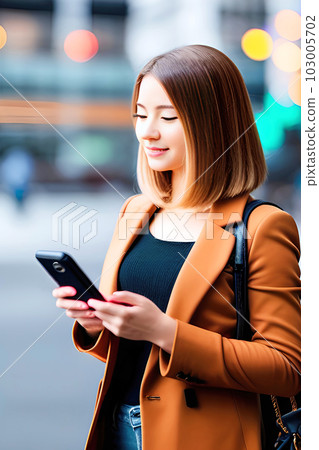 smiling businesswoman using smartphone tablet. Generative AI. 103005702