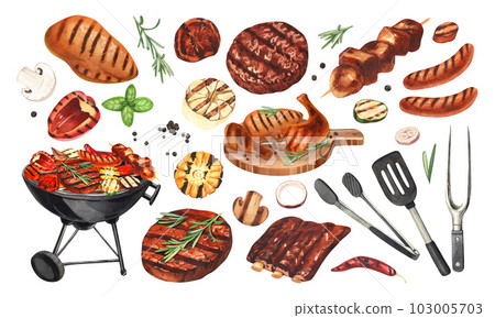 Watercolor barbecue elements set. Collection of equipment for cooking bbq - grill, brazier, sausages, fish, vegetable and meat. Hand-drawn illustration isolated on white background. Perfect for menu Watercolor barbecue elements set. Collection of equipment for cooking bbq - grill, brazier, sausages, fish, vegetable and meat. Hand-drawn illustration isolated on white background. Perfect for menu 103005703