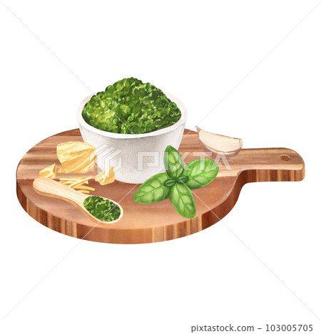 Watercolor of Italian genovese herbal pesto sauce made of blended parmesan cheese, basil leaves, garlic, black pepper and olive oil in bowl on wooden board. Illustration isolated on white background. 103005705