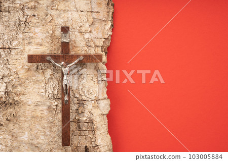 Christian Pentecost. Whit Sunday. A cross with a birch branch on a white, green, red and black background. 103005884