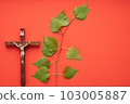 Christian Pentecost. Whit Sunday. A cross with a birch branch on a white, green, red and black background. 103005887