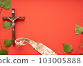 Christian Pentecost. Whit Sunday. A cross with a birch branch on a white, green, red and black background. 103005888