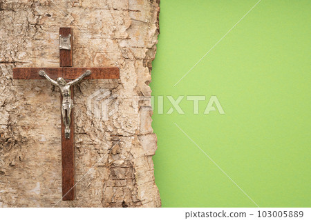 Christian Pentecost. Whit Sunday. A cross with a birch branch on a white, green, red and black background. 103005889