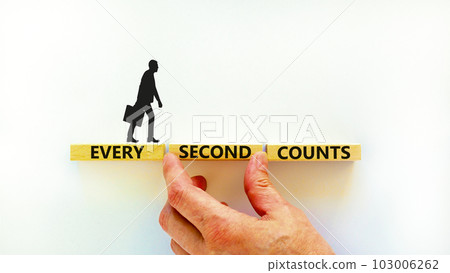 Every second counts symbol. Concept words Every second counts on wooden blocks on a beautiful white table white background. Businessman hand. Business, motivational and every second counts concept. 103006262