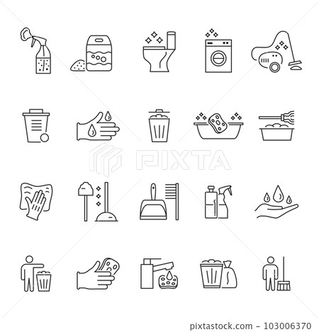 Cleaning service. Line household icons. Wet wipe dust. Vacuuming and mopping. Cleaner spray bottle. Hygiene equipment for laundry. House cleanup. Vector housekeeping flat symbols set 103006370