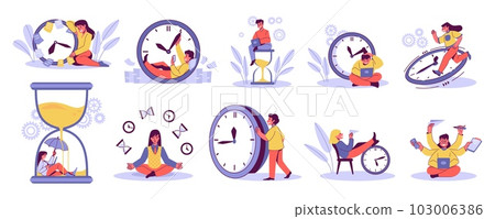 Computer work. Time management. Schedule control by watch. People with timer and hourglass. Efficient worker. Productive office organize. Tasks or goals planning. Vector concepts set 103006386
