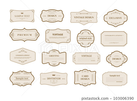 Ornament label, classic vintage style sticker. Retro emblem, frame collection with copy space, tag badge with swirl decoration elements, sign board or logo template vector vignette border set 103006390