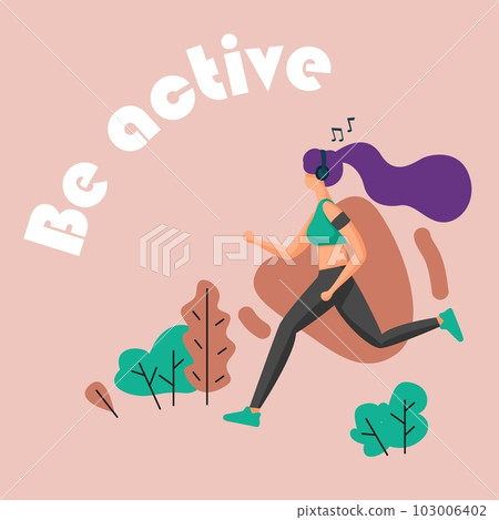 Healthy family poster. Active lifestyle. Woman doing fitness exercises. Girl running through park. Sportsman listening to music. Outdoor workout. Sport training. Vector illustration Healthy family poster. Active lifestyle. Woman doing fitness exercises. Girl running through park. Sportsman listening to music. Outdoor workout. Sport training. Vector illustration 103006402