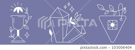 Boho elements. White line goblet, magic crystals and label with leaves. minimal mystic decor, ethnic cards and posters, decorative objects, elegant bohemian compositions, vector illustration Boho elements. White line goblet, magic crystals and label with leaves. minimal mystic decor, ethnic cards and posters, decorative objects, elegant bohemian compositions, vector illustration 103006404