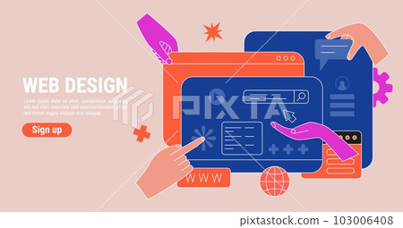 Web design agency. UX UI website redesign. Build of app page. Creative application content. Landing creation. Browser window engineering concept. Minimal hands. Vector internet banner 103006408