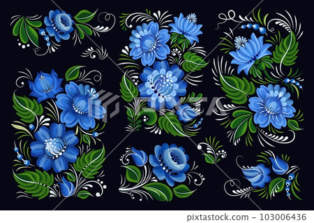 Flower motif. Folk floral summer colors, exotic plants design, indian garden art, vintage spring jungle decor elements. Ethnic colorful pattern, traditional fashion vector nature background 103006436