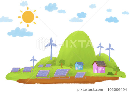 illustration of clean energy city that there are alternative energy using as solar cell or windmill illustration of clean energy city that there are alternative energy using as solar cell or windmill 103006494