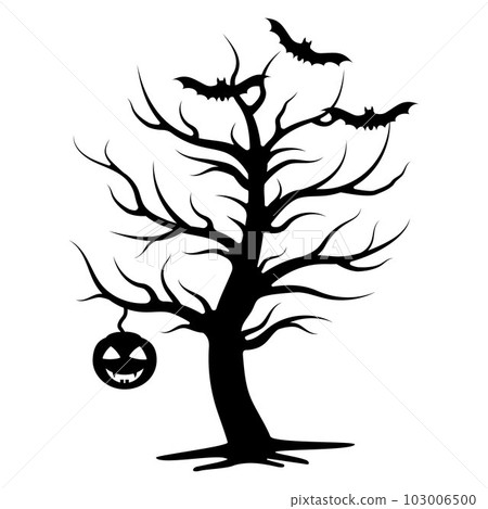 Scary Halloween Tree With Hanging Pumpkin, Vector isolated illustration on White Background 103006500