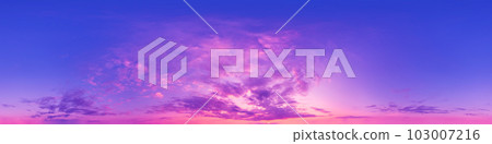 Blue sky panorama with magenta Cirrus clouds in Seamless spherical equirectangular format. Climate and weather change. 103007216