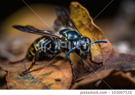 Image of a wasp on the leaf. Insect. Animals. Illustration. Generative AI. 103007528