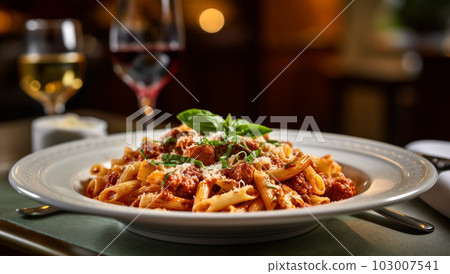 Classic italian pasta penne alla arrabiata with fresh basil on a wooden table, traditional Italian food in restaurant with good wine Classic italian pasta penne alla arrabiata with fresh basil on a wooden table, traditional Italian food in restaurant with good wine 103007541